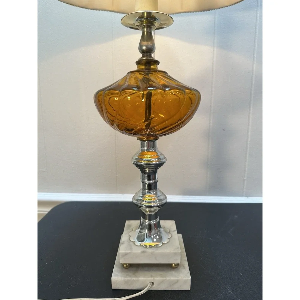 Vintage‎ Amber Glass Table Lamp Marble Base Chrome Metal Pleated Shade 29
